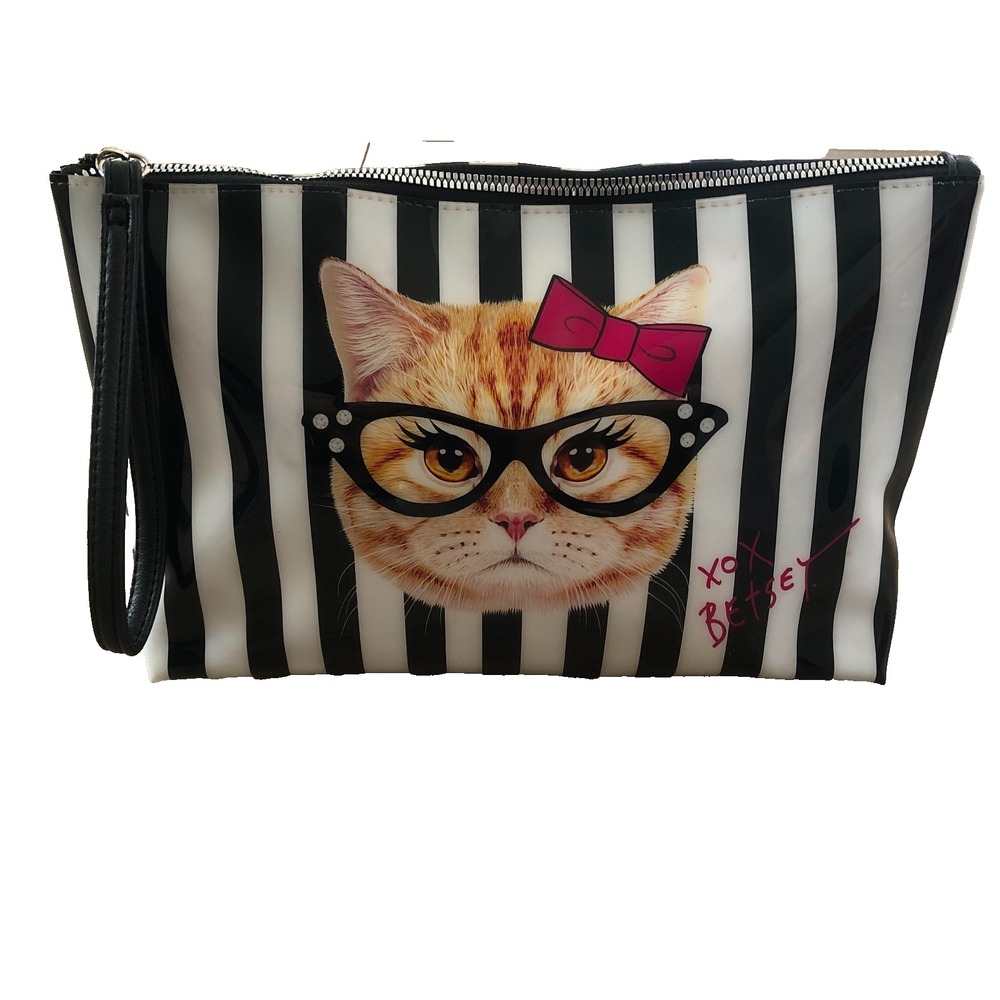 Betsey Johnson Black & White Striped Cat Wristlet with Pink Bow